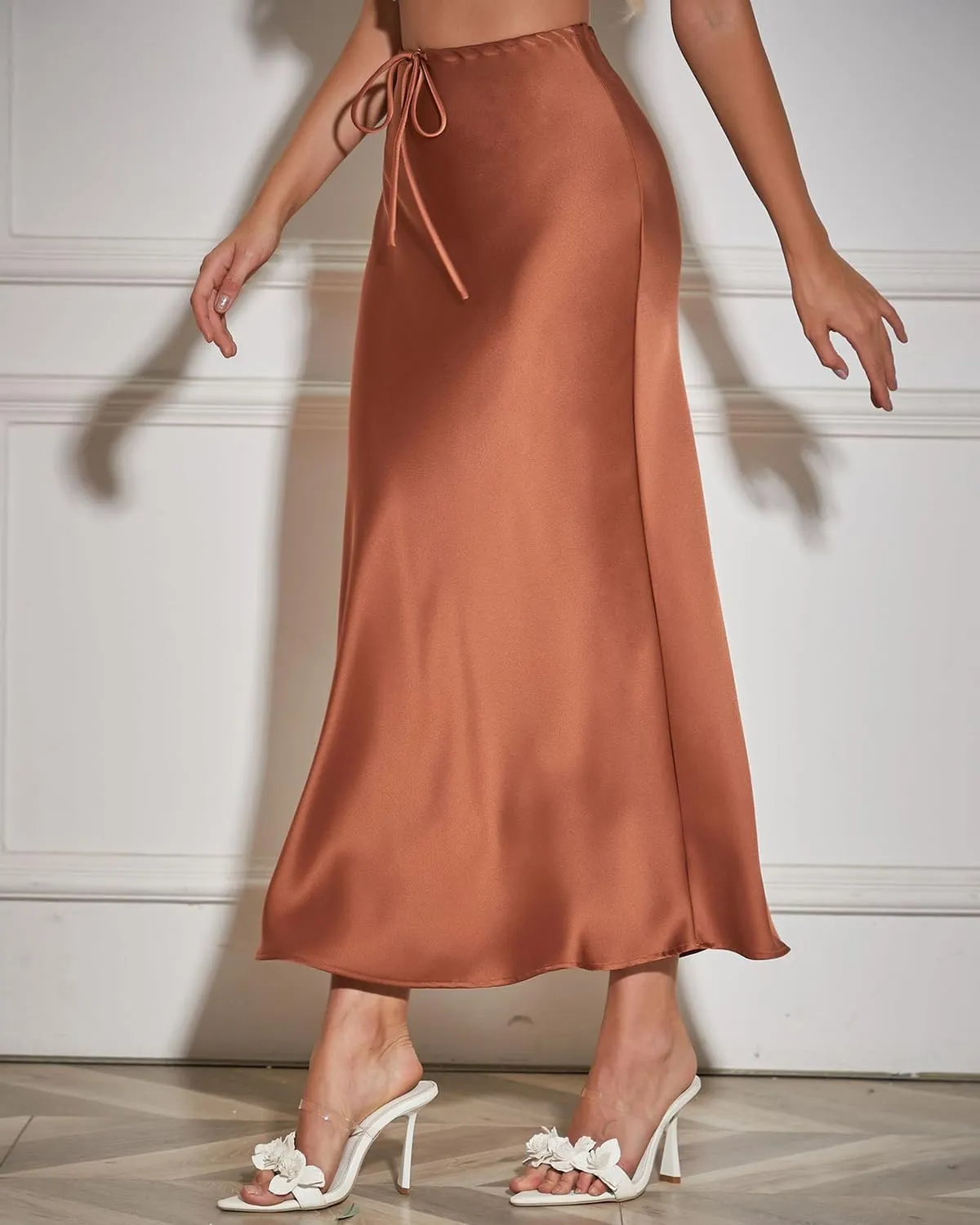 Women's Maxi Skirts Satin Drawstring High Waisted Silk Elegant Flowy Casual A-Line Long Skirt for Women