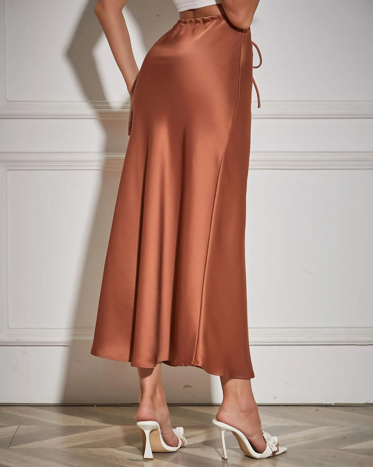 Women's Maxi Skirts Satin Drawstring High Waisted Silk Elegant Flowy Casual A-Line Long Skirt for Women