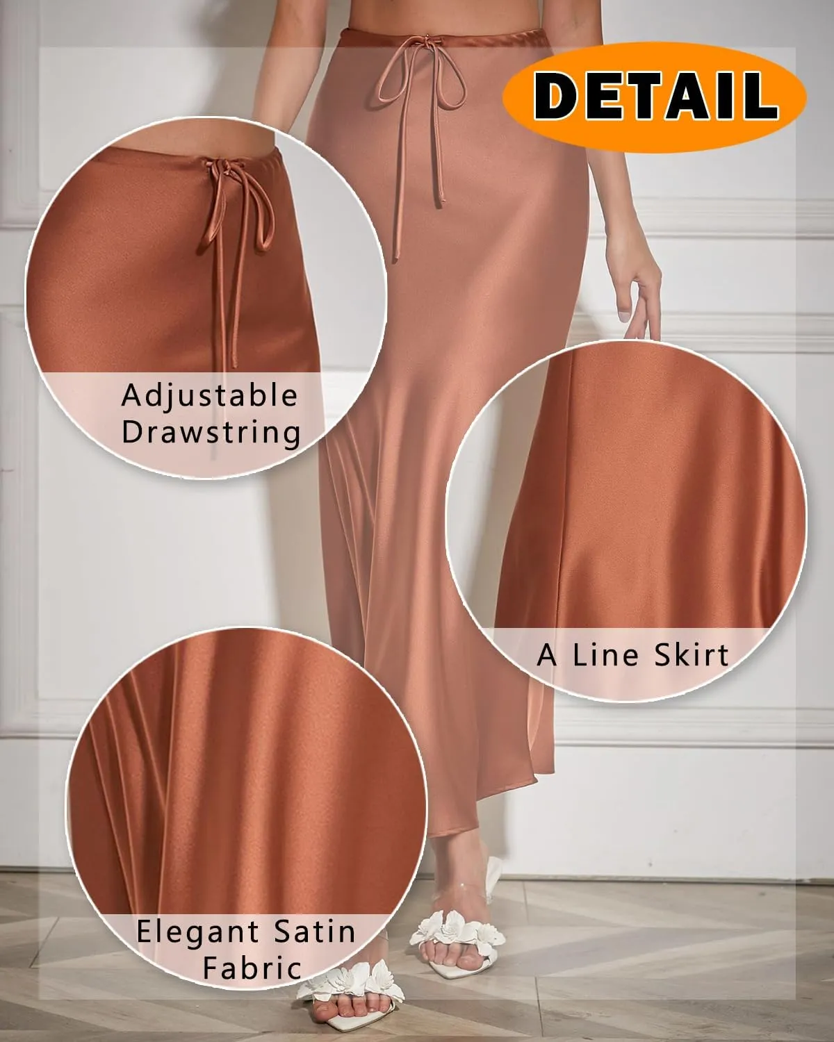 Women's Maxi Skirts Satin Drawstring High Waisted Silk Elegant Flowy Casual A-Line Long Skirt for Women