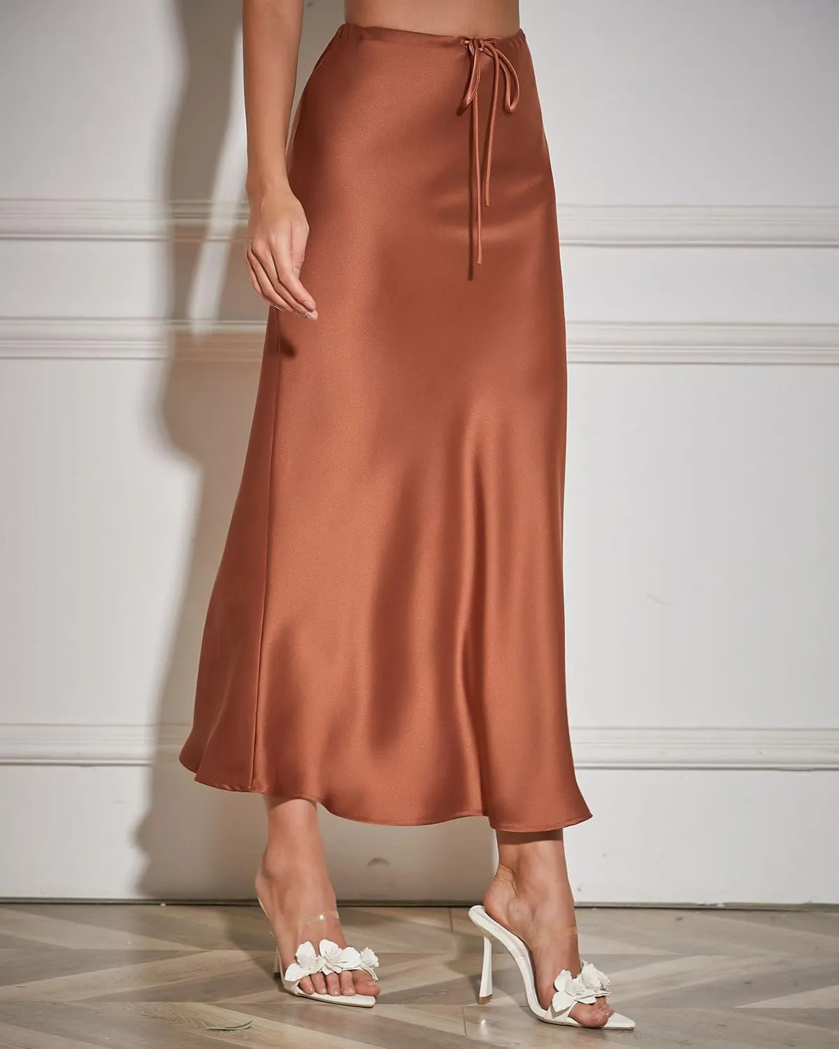 Women's Maxi Skirts Satin Drawstring High Waisted Silk Elegant Flowy Casual A-Line Long Skirt for Women