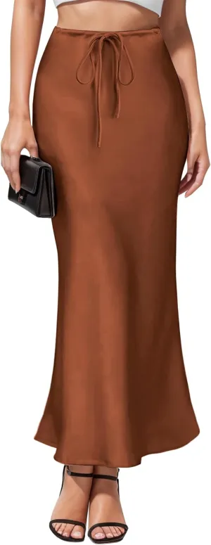 Women's Maxi Skirts Satin Drawstring High Waisted Silk Elegant Flowy Casual A-Line Long Skirt for Women