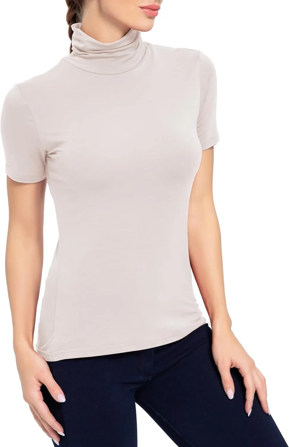 Women's Mock Turtleneck Top Short Sleeve Lightweight Active T-Shirt (S-XXL)