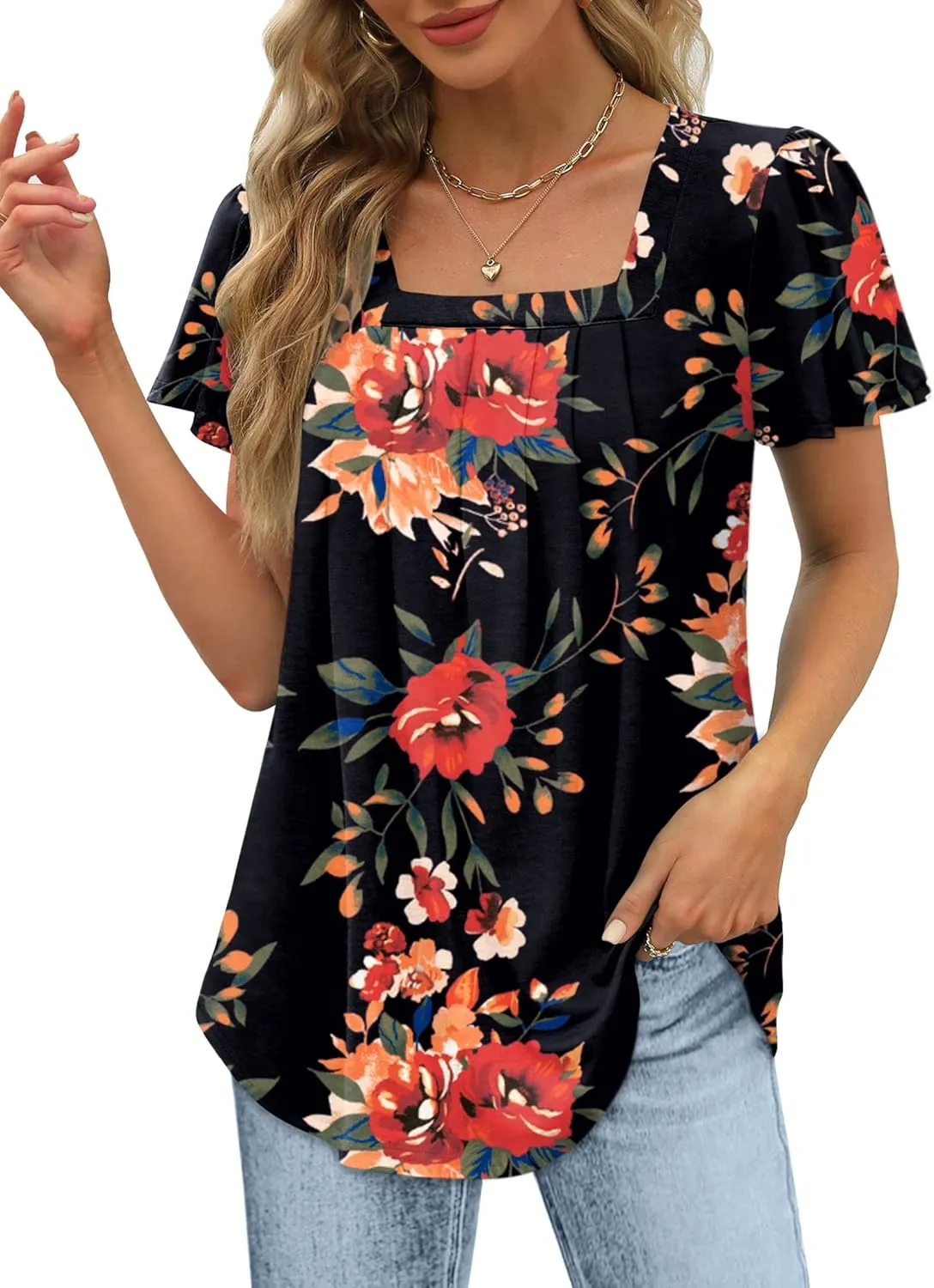 Womens Ruffle Sleeve Tops Square Neck Pleated Front T Shirts Loose Curved Hem Casual Summer Tunic S-3XL