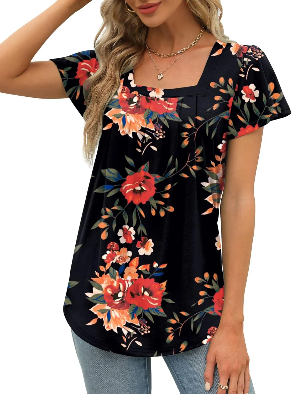Womens Ruffle Sleeve Tops Square Neck Pleated Front T Shirts Loose Curved Hem Casual Summer Tunic S-3XL