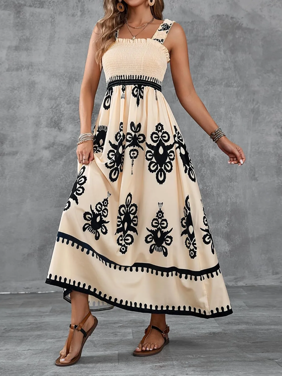 Womens Square Neck Boho Maxi Dress Casual Long Spring Summer Dresses Sundresses for Women Beach Vacation 2025