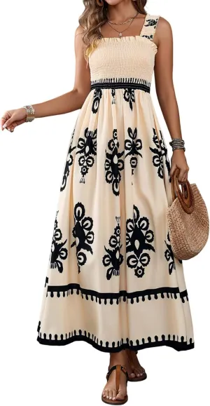 Womens Square Neck Boho Maxi Dress Casual Long Spring Summer Dresses Sundresses for Women Beach Vacation 2025