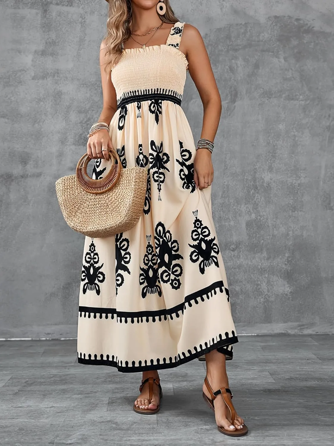 Womens Square Neck Boho Maxi Dress Casual Long Spring Summer Dresses Sundresses for Women Beach Vacation 2025