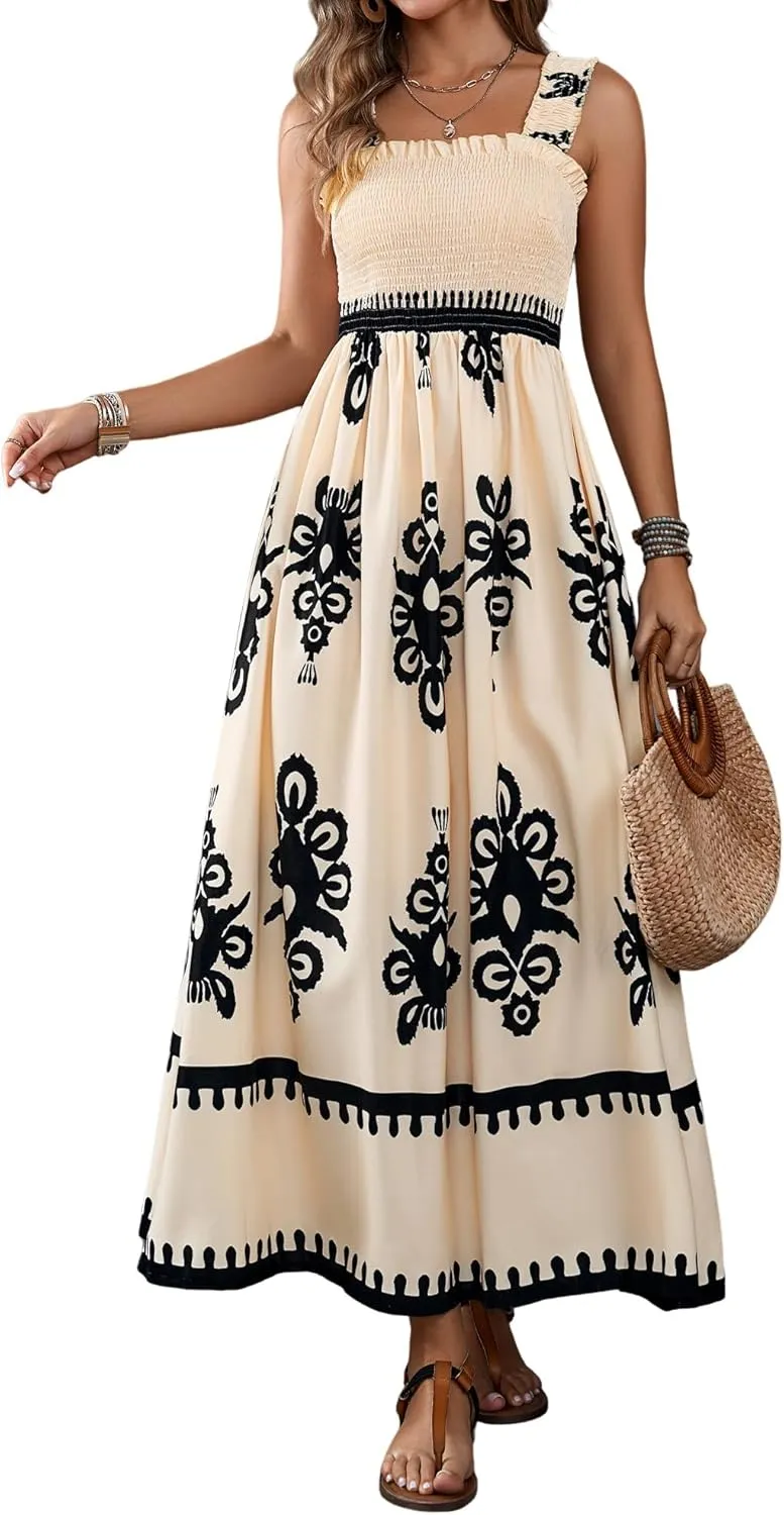Womens Square Neck Boho Maxi Dress Casual Long Spring Summer Dresses Sundresses for Women Beach Vacation 2025