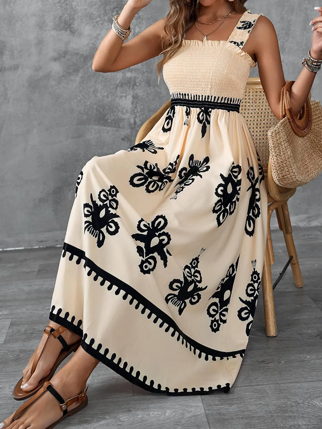 Womens Square Neck Boho Maxi Dress Casual Long Spring Summer Dresses Sundresses for Women Beach Vacation 2025