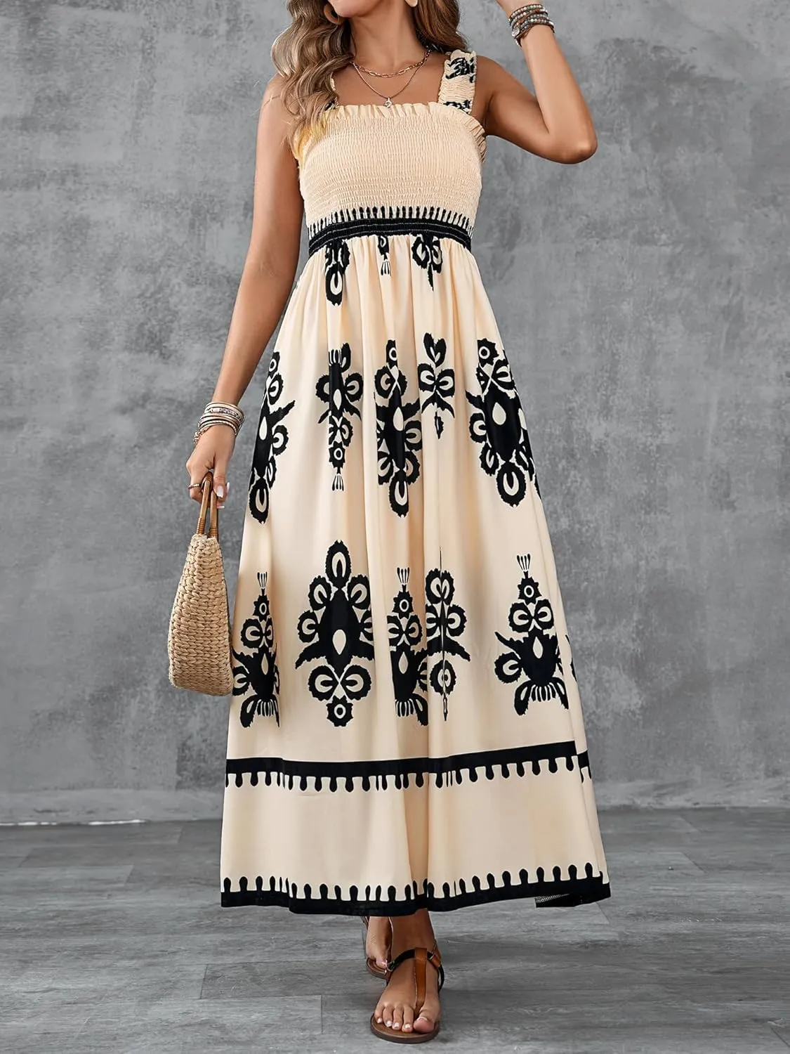 Womens Square Neck Boho Maxi Dress Casual Long Spring Summer Dresses Sundresses for Women Beach Vacation 2025