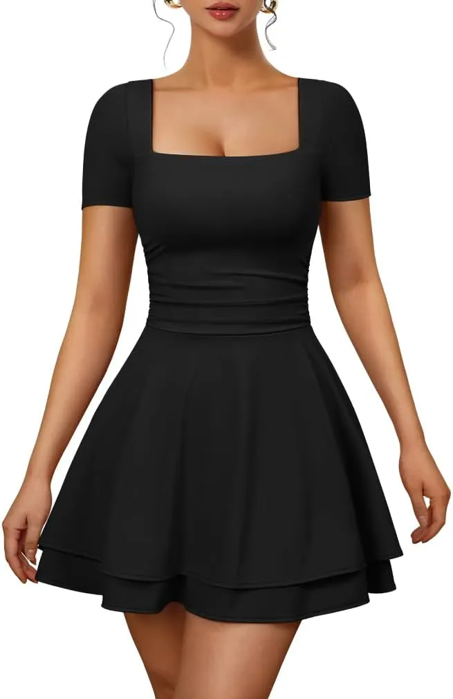 XXTAXN Women's Sexy Square Neck Short Sleeve Ruched Tiered Ruffle Hem Flowy Club Party Mini Dress