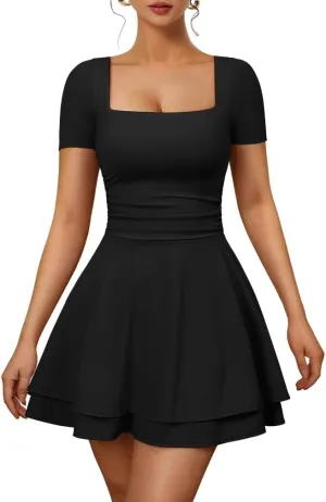 XXTAXN Women's Sexy Square Neck Short Sleeve Ruched Tiered Ruffle Hem Flowy Club Party Mini Dress