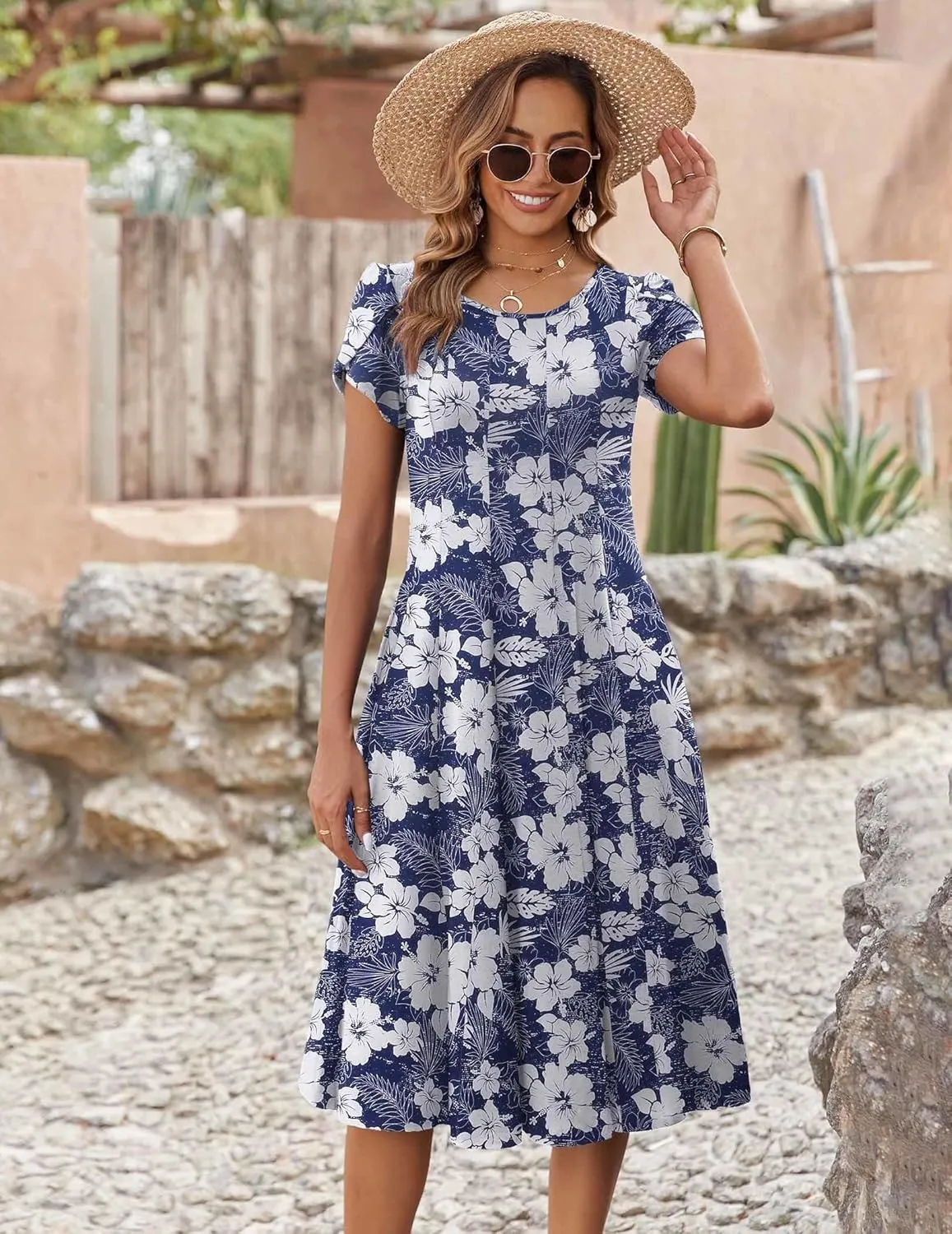 Zeagoo Womens Casual Dresses for Summer Short Sleeve Flare Midi Dress Loose Flowy Beach Sundress