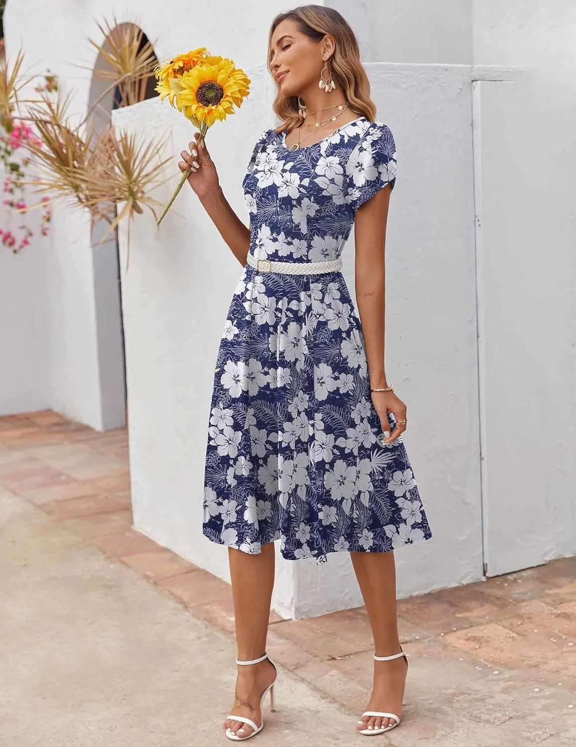 Zeagoo Womens Casual Dresses for Summer Short Sleeve Flare Midi Dress Loose Flowy Beach Sundress