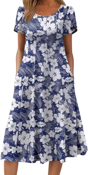 Zeagoo Womens Casual Dresses for Summer Short Sleeve Flare Midi Dress Loose Flowy Beach Sundress