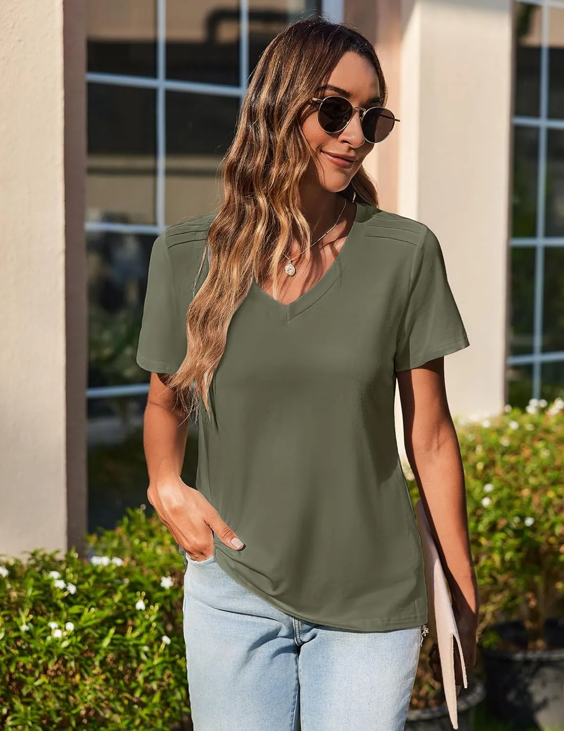 Zeagoo Womens Short Sleeve Shirts for Summer Casual V-Neck Blouse Shirts 2025 Dressy Tops with Pleats