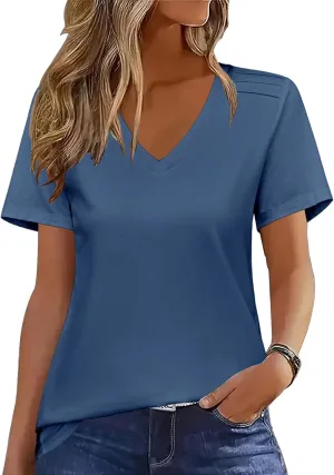 Zeagoo Womens Short Sleeve Shirts for Summer Casual V-Neck Blouse Shirts 2025 Dressy Tops with Pleats