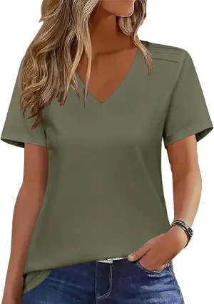 Zeagoo Womens Short Sleeve Shirts for Summer Casual V-Neck Blouse Shirts 2025 Dressy Tops with Pleats